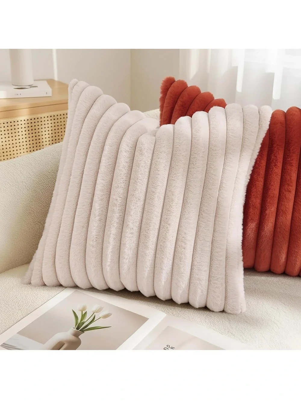 Summer Cozy Faux Fur Throw Pillow Covers Decorative Soft Plush Striped 1517/bb8